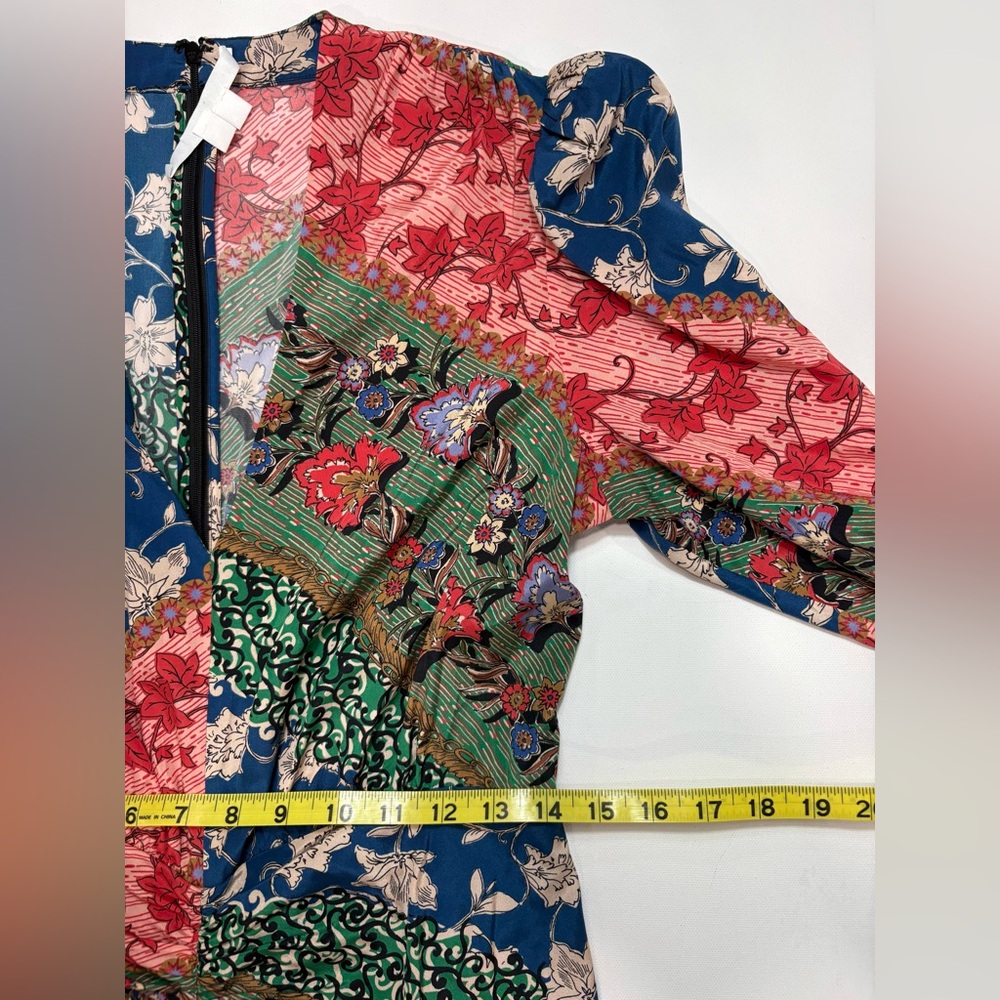 Veronica Beard Mary Ruched Patchwork 3/4 Sleeve Silk Blend Midi Dress - Picture 14 of 15